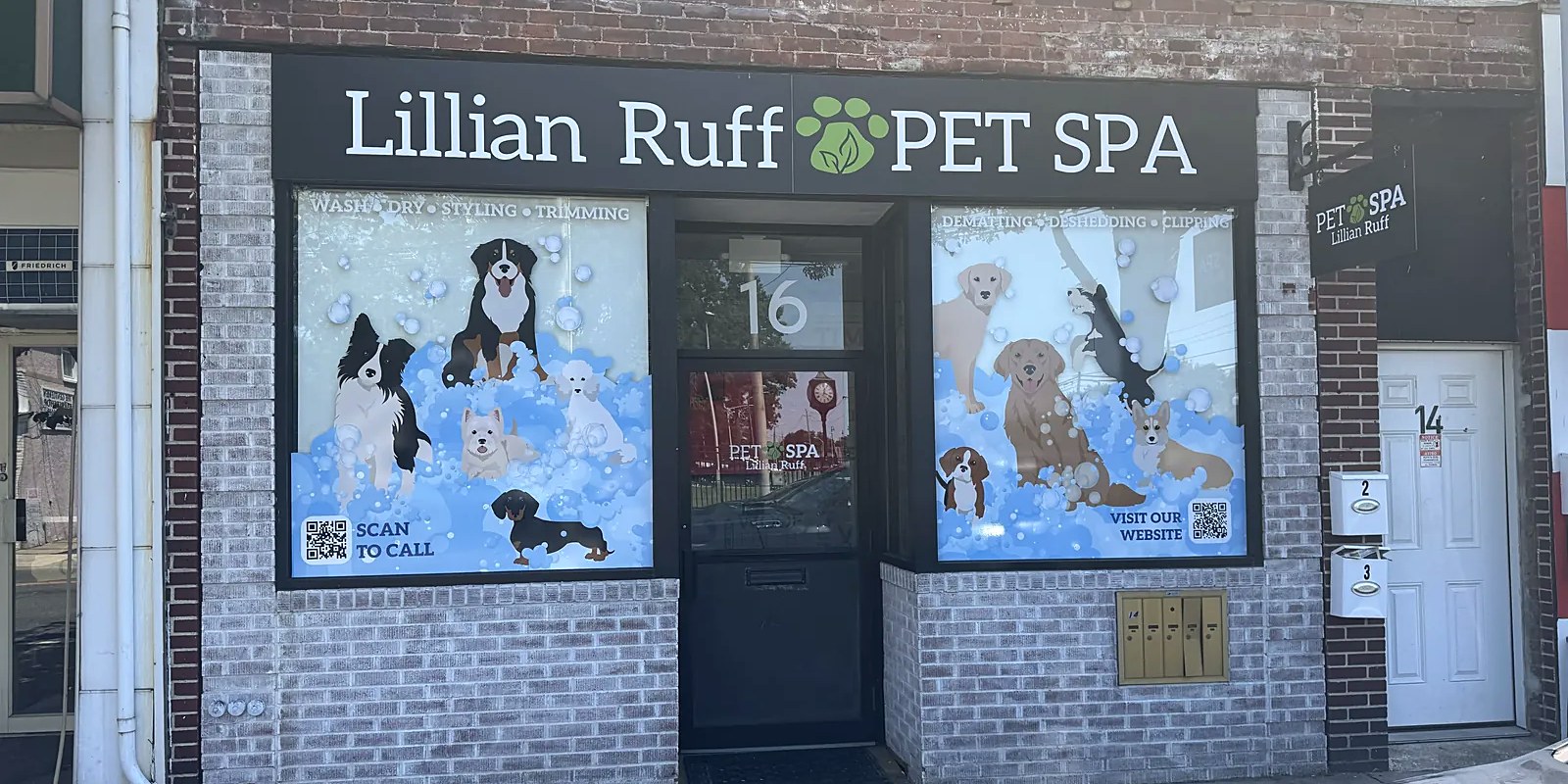 The Lillian Ruff Pet Spa storefront at 16 Laurel Rd in East Northport, New York, on a winter afternoon