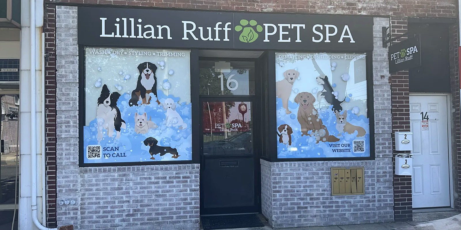 The Lillian Ruff Pet Spa storefront at 835 Portion Road in Ronkonkoma, NY, on the Centereach line