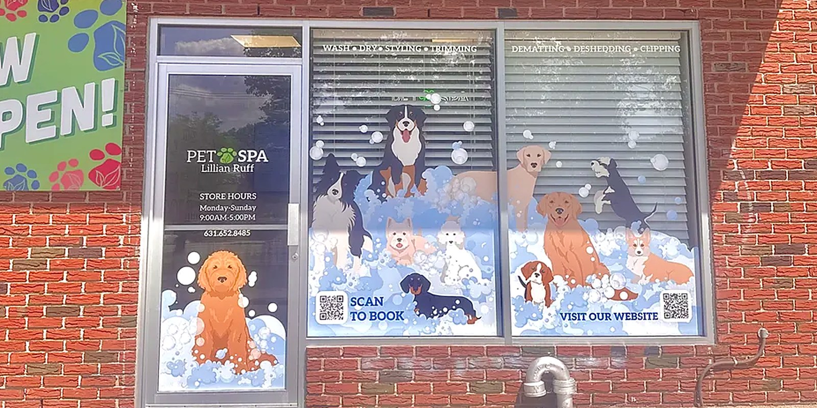 A groomer parting a dog's coat with both hands to check the skin underneath during a brush-out